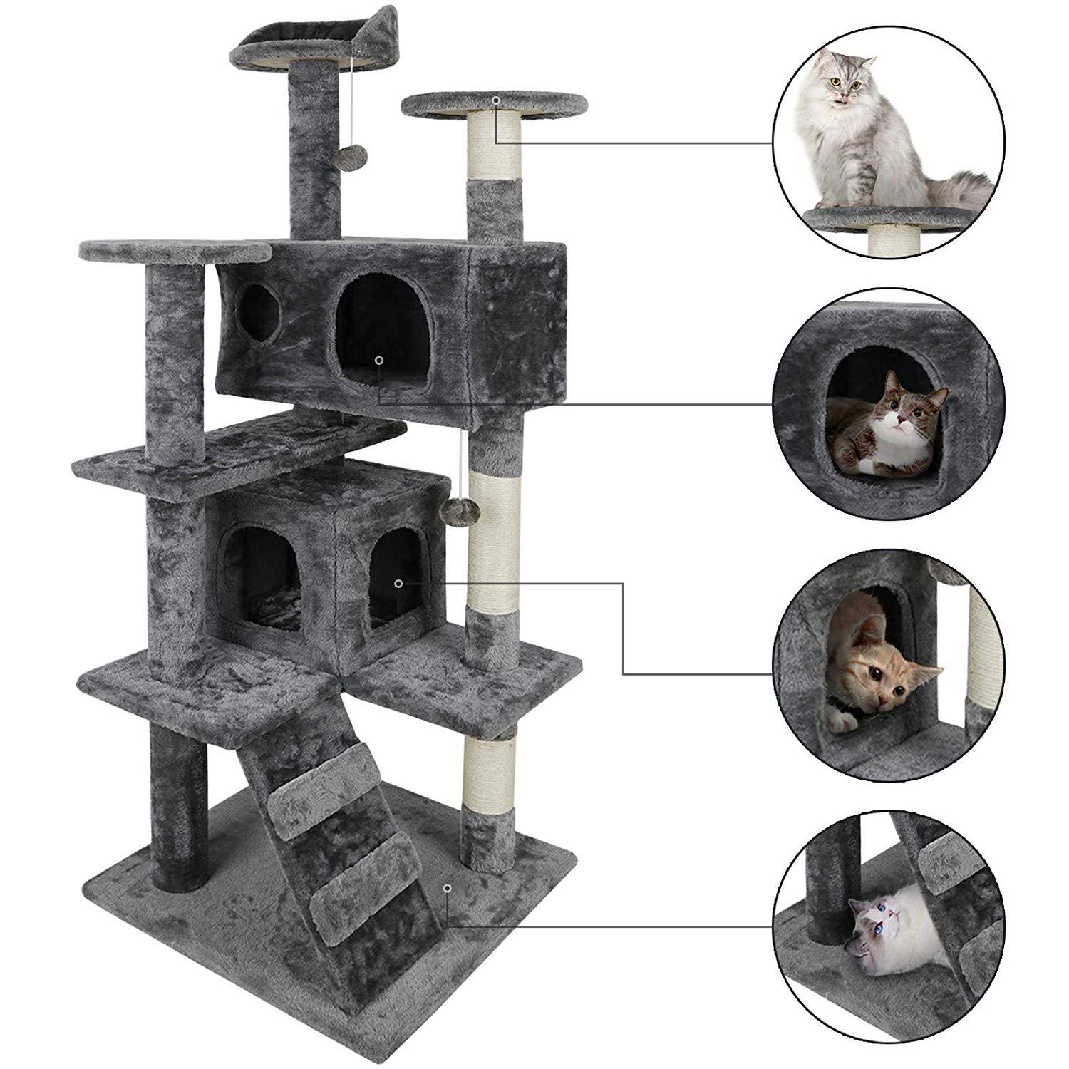 ZENY 53 Cat Tree with Sisal-Covered Scratching Posts and 2 Plush Rooms Cat Furniture for Kittens