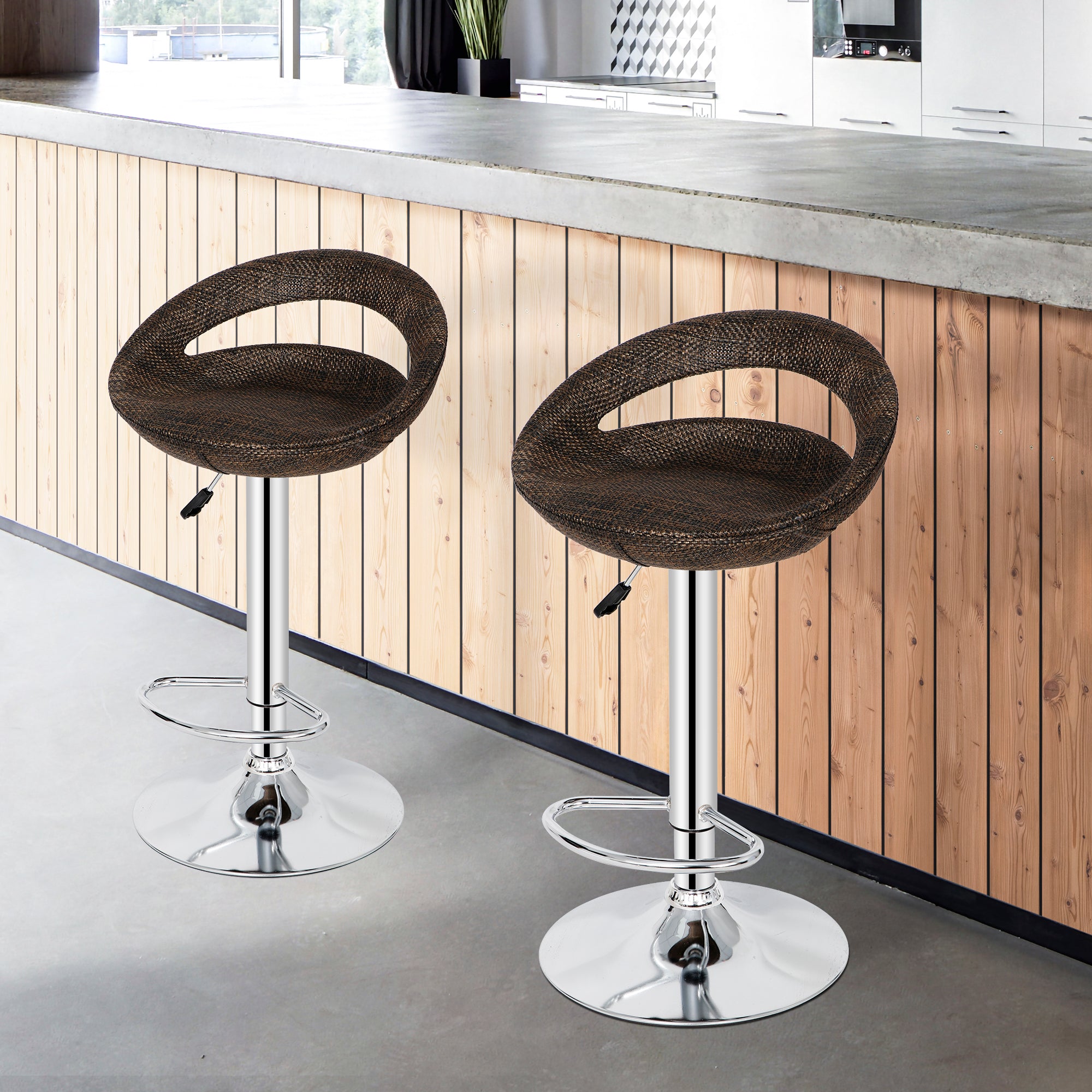 ZENY Set of 2 Rattan Wicker Bar Stool Modern Adjustable Pub Swivel Barstool