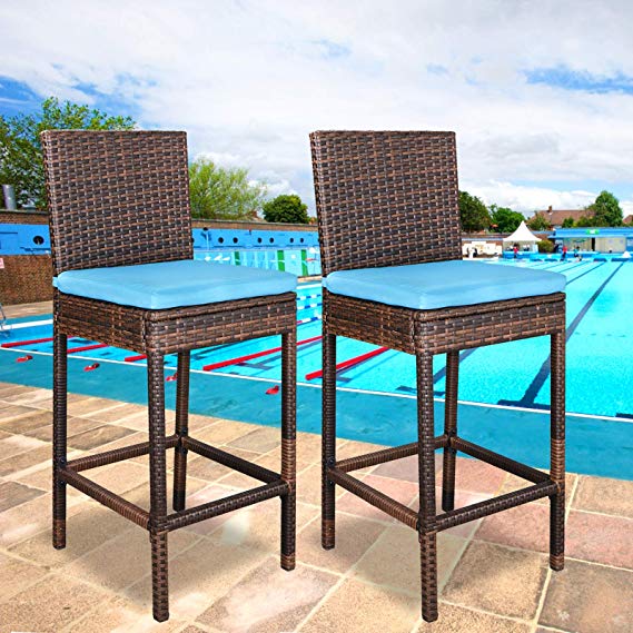 ZENY Outdoor 2 Pcs All Weather Patio Furniture Brown Wicker Barstool with Cushions, Blue