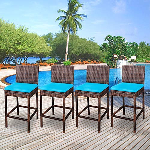 ZENY Outdoor All Weather Wicker Bar Stools with Cushions, Patio Furniture Bar Stool (Set of 4)
