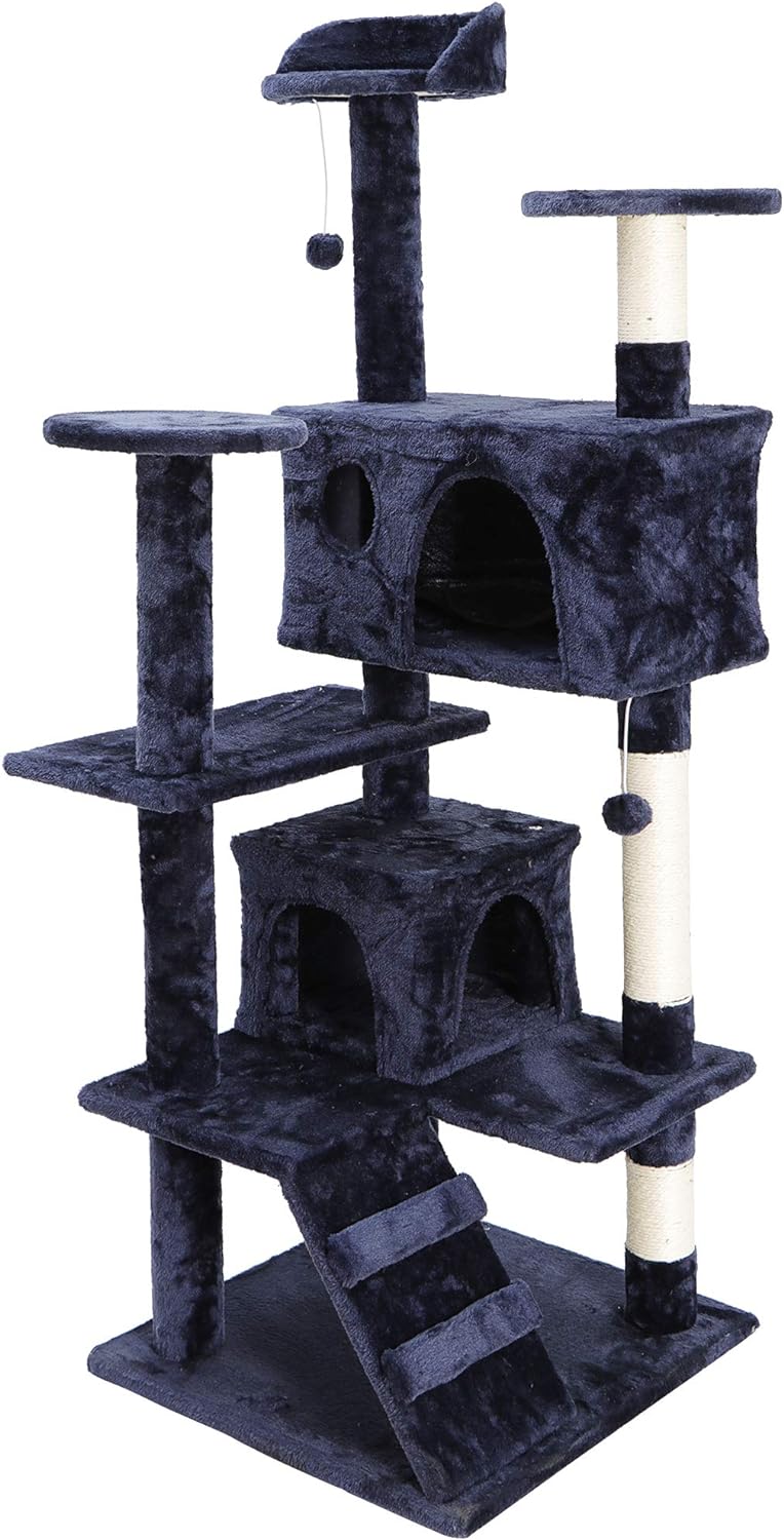 ZENY 53 inches Cat Tree with Sisal-Covered Scratching Posts and 2 Plush Rooms Cat Furniture for Kittens, Navy Blue