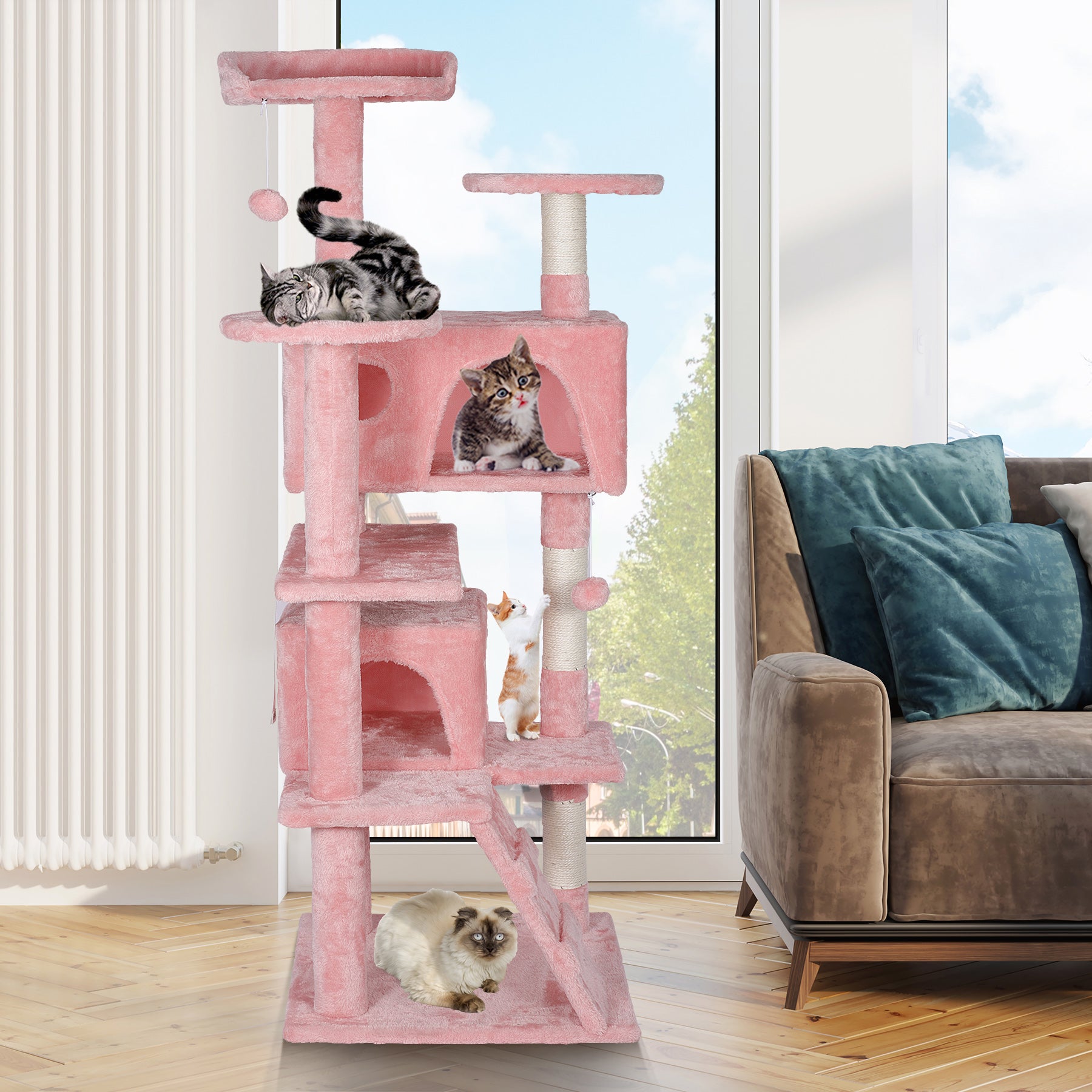 ZENY 54 Inch Cat Tree, Multi-Level Cat Condo with Scratching Post + 2 Play Houses, Pet Furniture in Pink