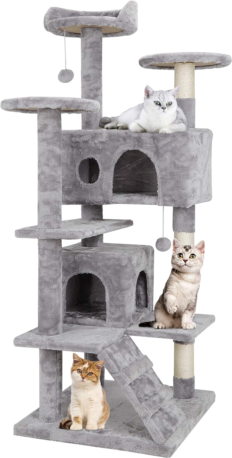 ZENY 54 inches Cat Tree with Sisal-Covered Scratching Posts and 2 Plush Rooms Cat Furniture for Kittens, Light Grey