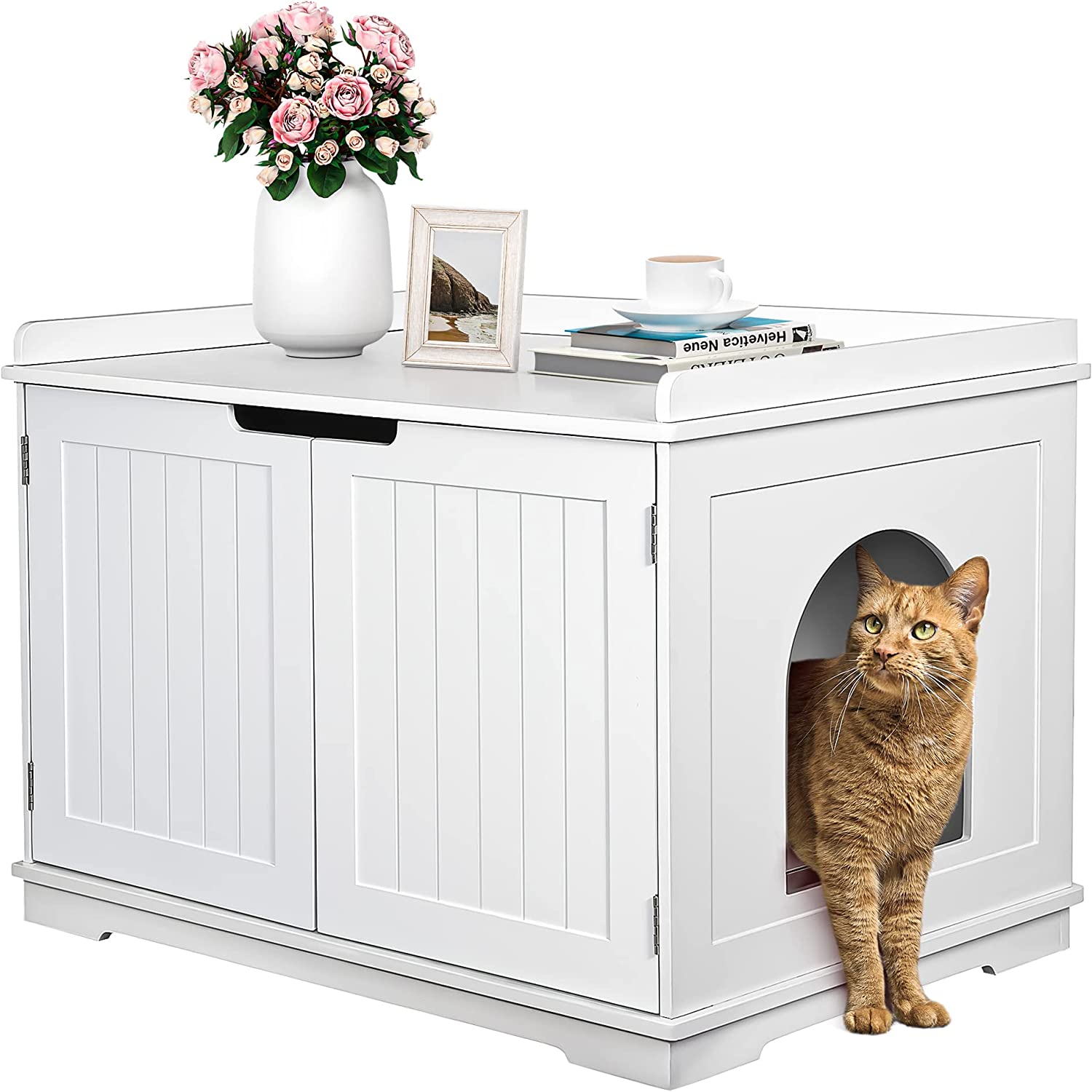 ZENY Cat Litter Box Enclosure, Cat Litter Box Furniture Hidden, Wooden Cat Litter Cabinet with Divider, Modern Cat Washroom Storage Bench
