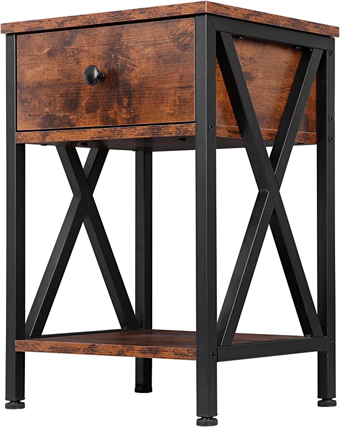 ZENY Set of 2 End Tables with Drawer and Storage Shelf Retro Industrial Sofa Table