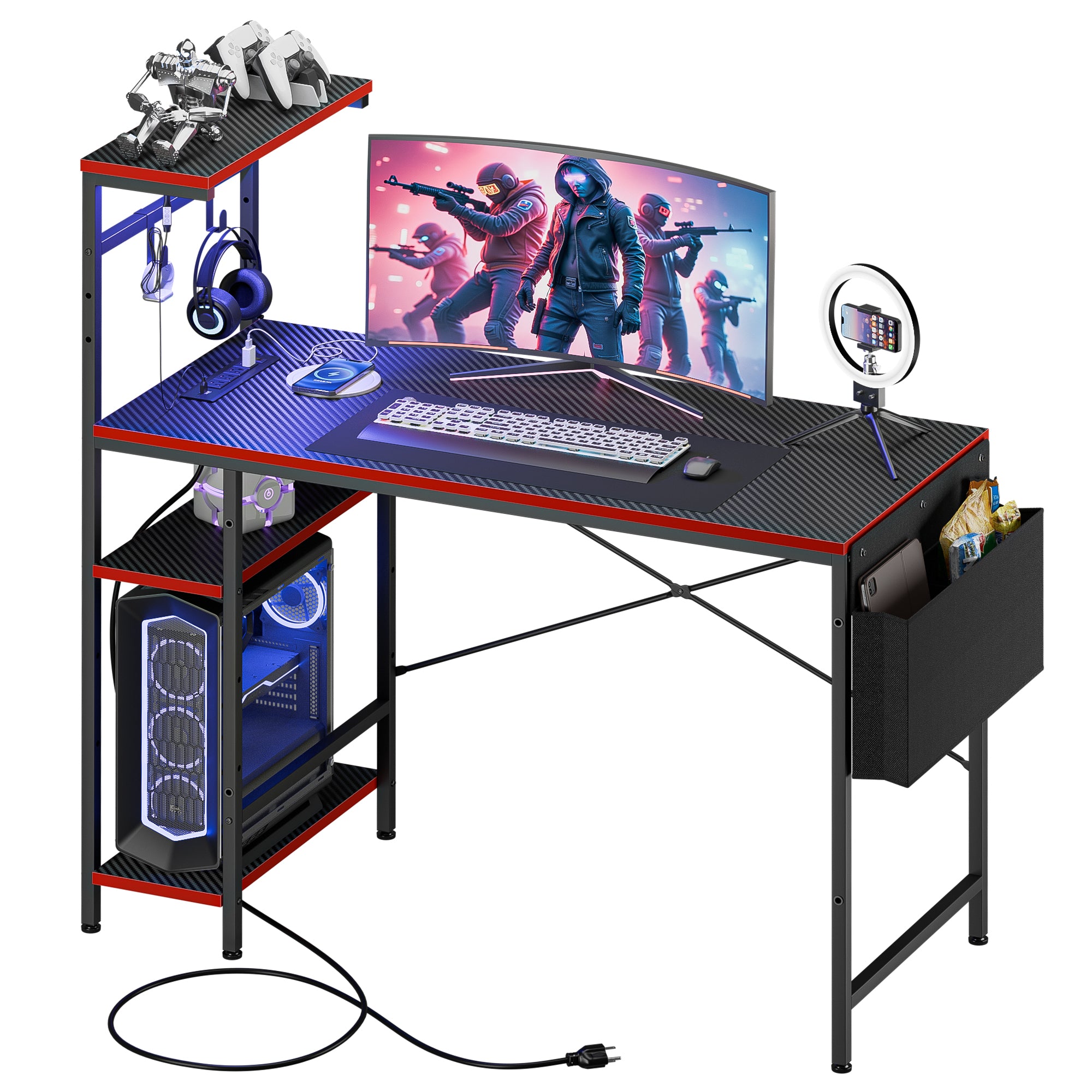 ZENY 44 inch Gaming Desk with LED Lights and Power Outlets, Reversible Computer Desk with Shelves and Storage Bag, Headphone Hooks
