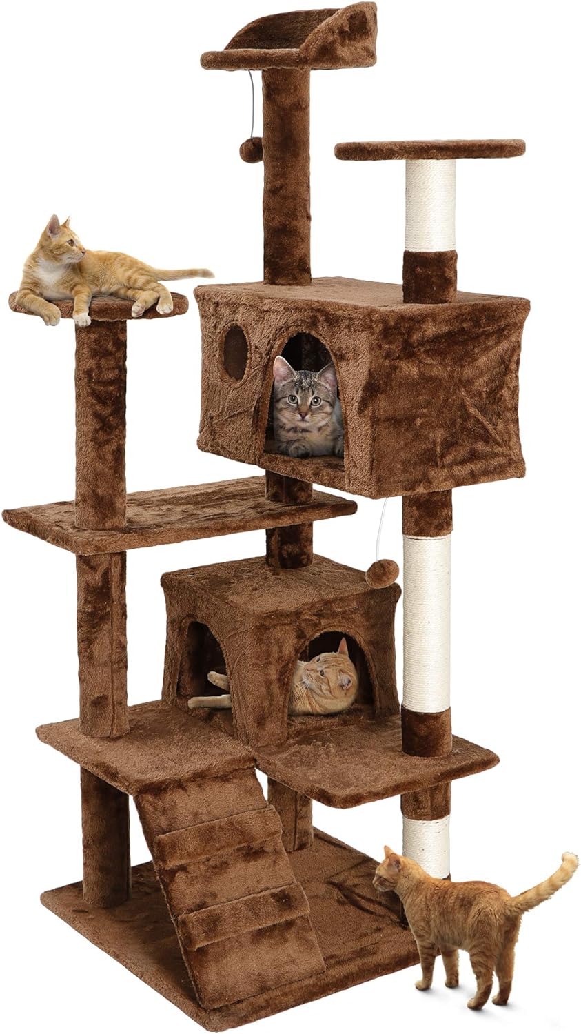 ZENY 53 inches Cat Tree with Sisal-Covered Scratching Posts and 2 Plush Rooms Cat Furniture for Kittens, Brown
