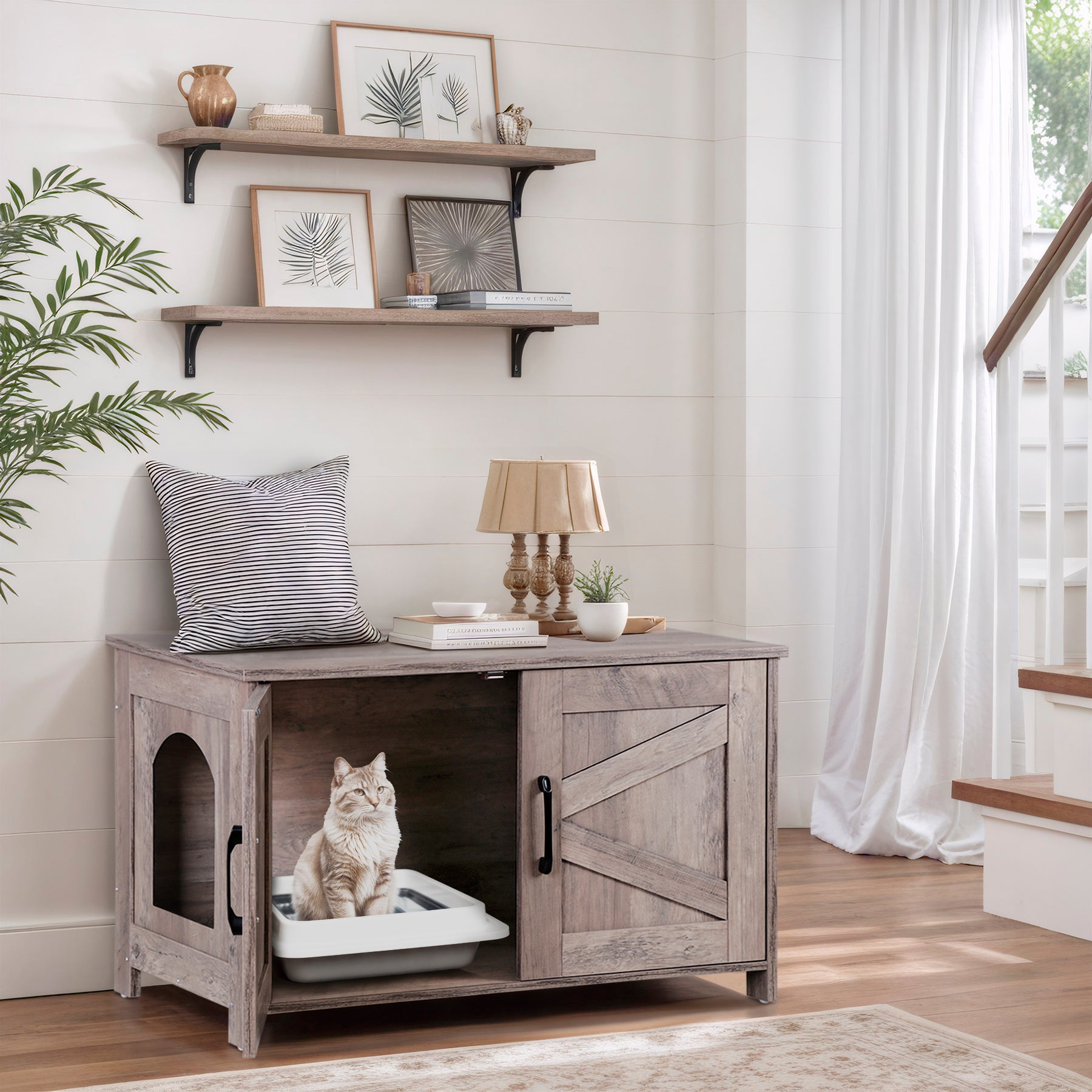 ZENY Cat Litter Box Enclosure, Litter Box Furniture Hidden, Wooden Litter Cabinet with Divider, Farmhouse Style Cat Washroom Storage BenchFit Most of Litter Box, Greige