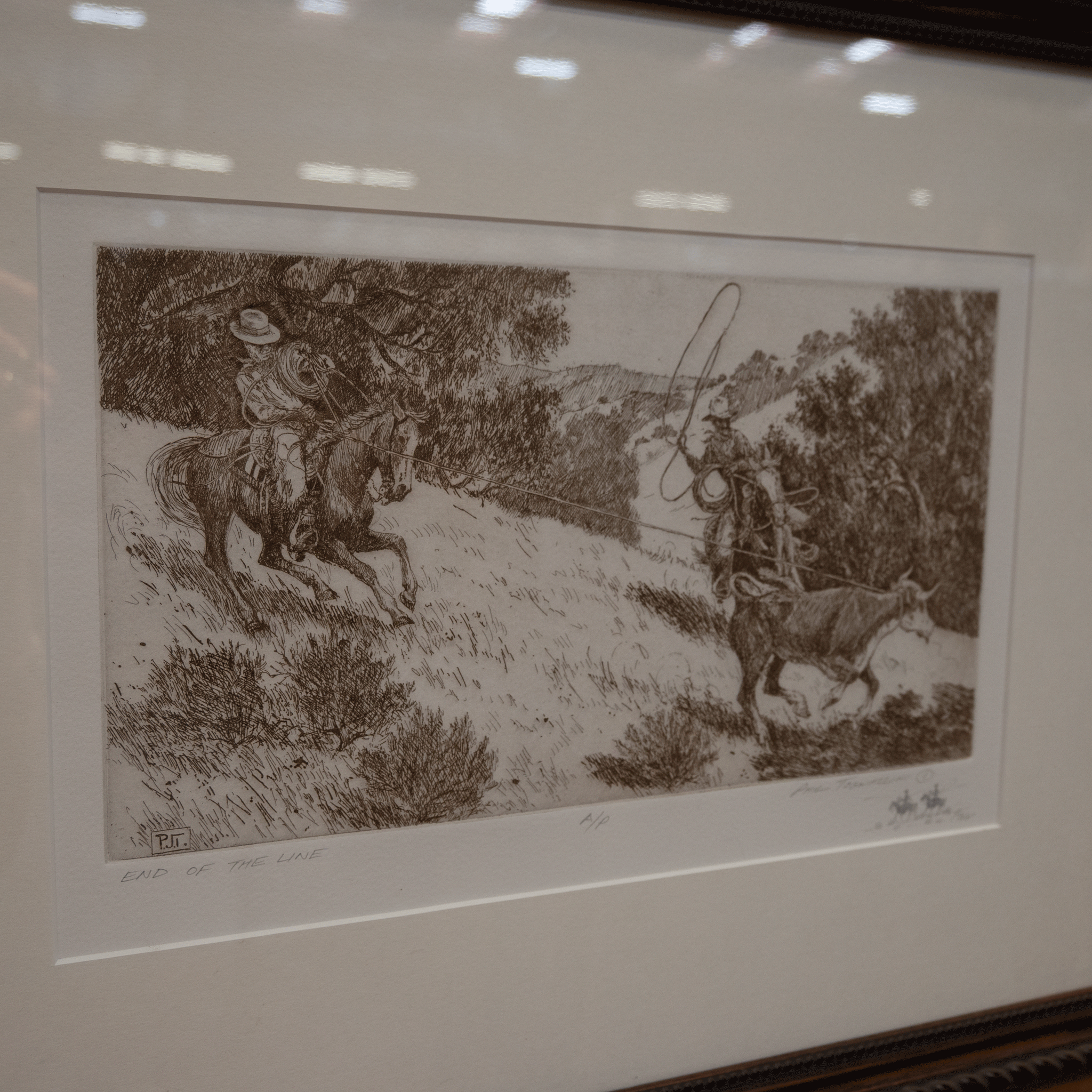 "End of the Line" etching By Phil Tognazzini 4th generation Cowboy Cayucos, Calif