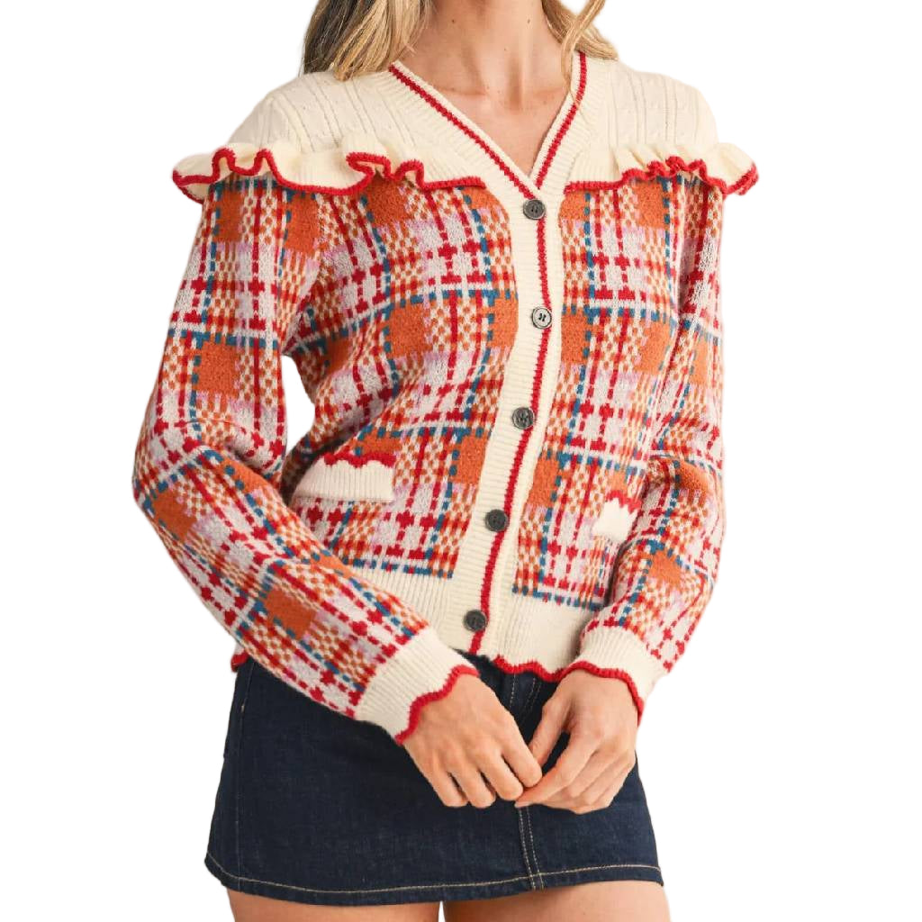 Ruffled Yoke Ivory & Rust Plaid Cardigan