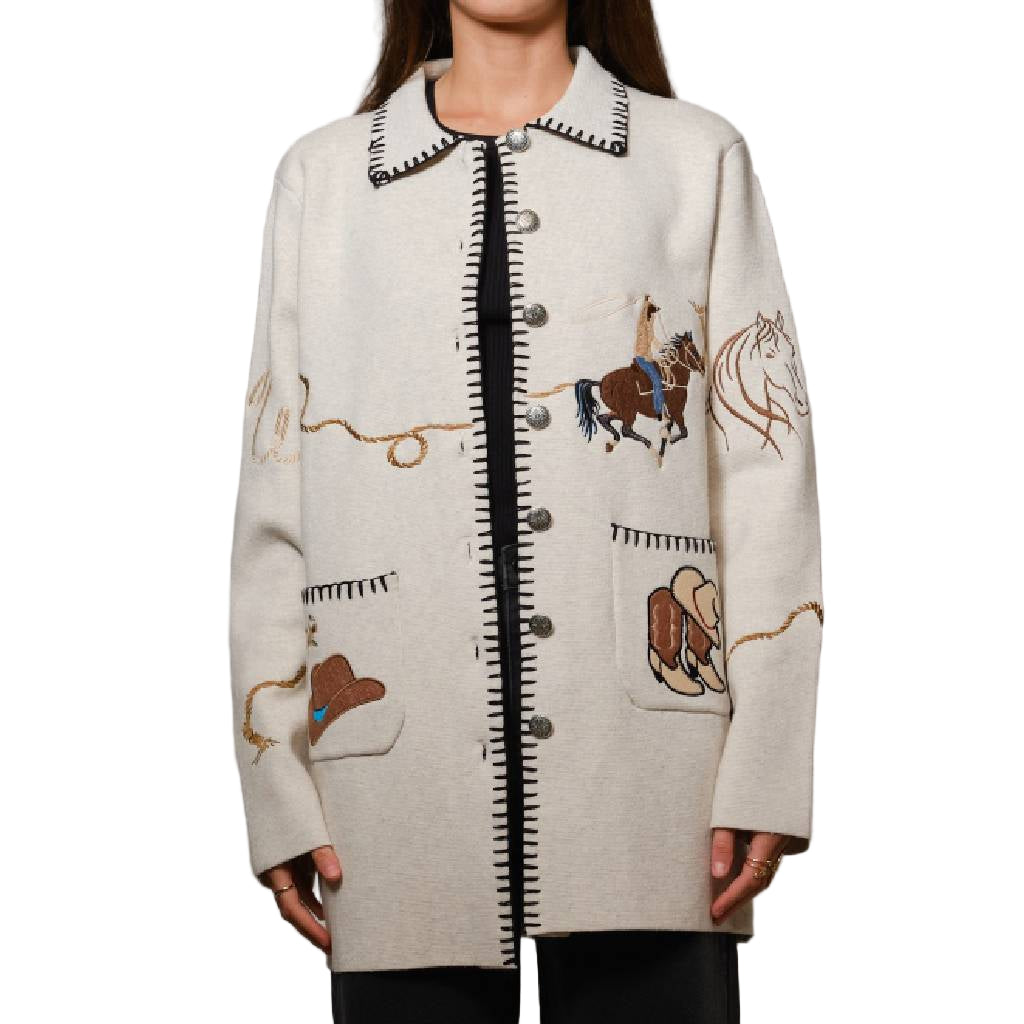 Western Embroidered Oatmeal Button Up Jacket