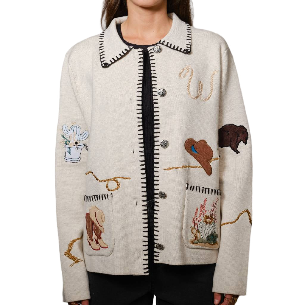 Western Embroidered Oatmeal Sweater Jacket