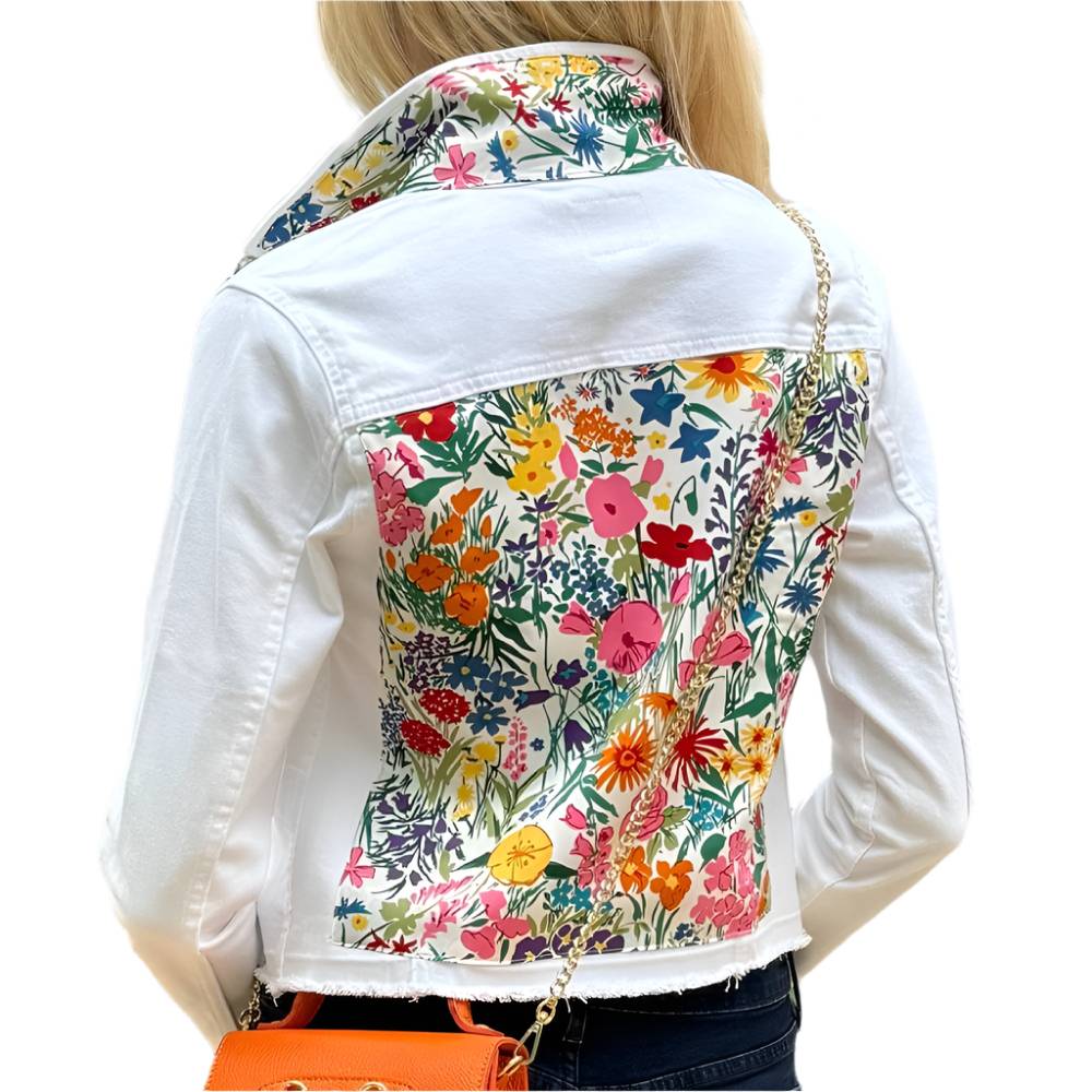 Stacy Bradley White Denim Field of Flowers Jacket