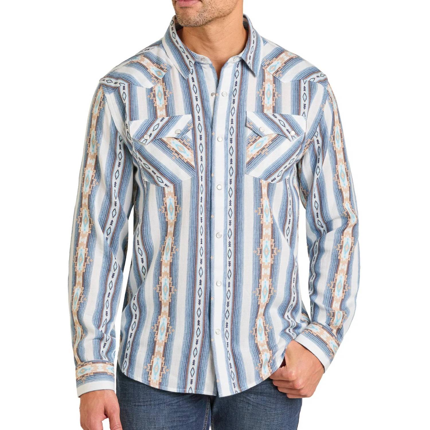 Panhnadle Men's Modern Vintage Blue Aztec Snap Shirt