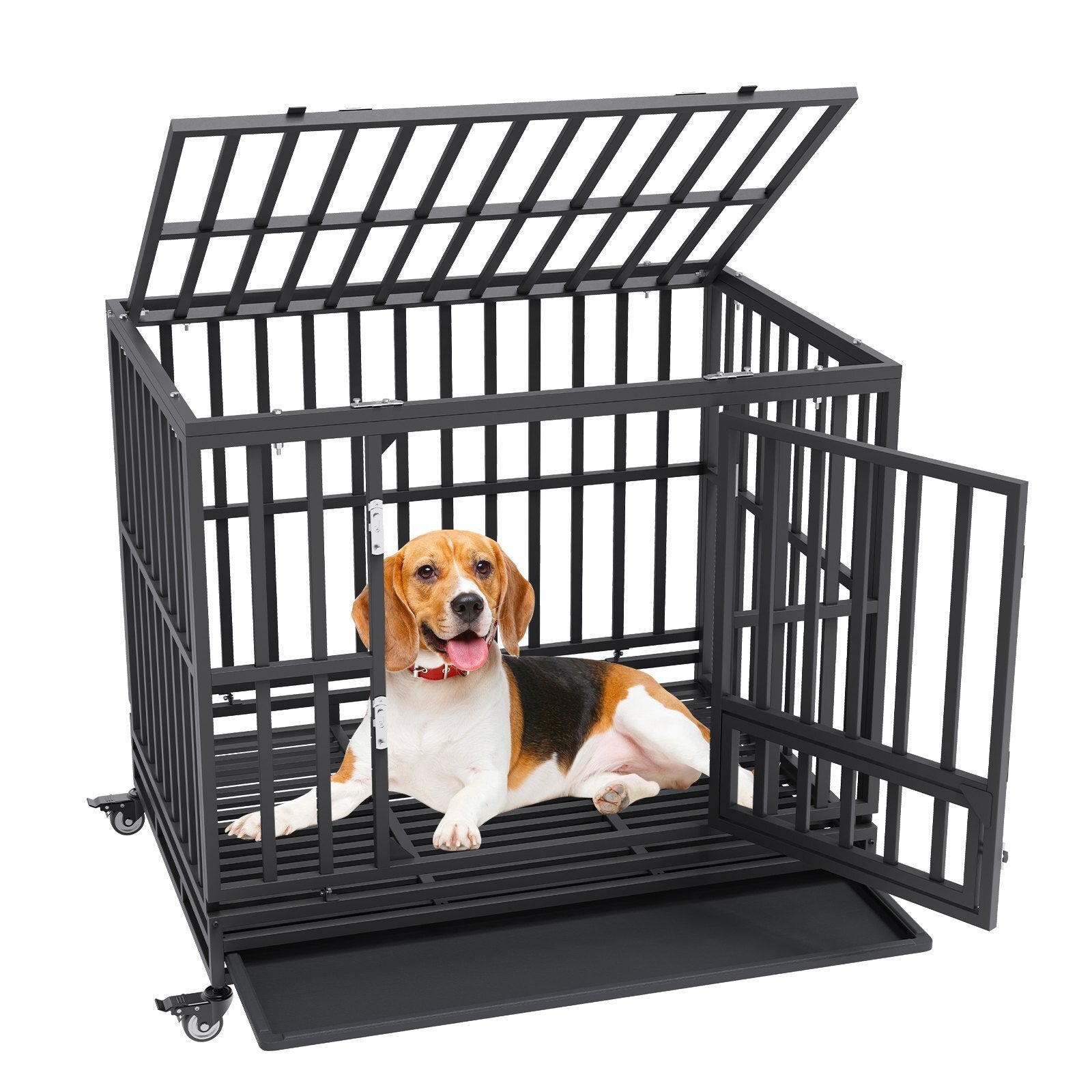 VEVOR 42 Heavy-Duty Indestructible Dog Crate | 3-Door Secure Kennel with Lockable Wheels & Removable Tray  High-Anxiety Dog Crate for Indoor & Outdoor Use