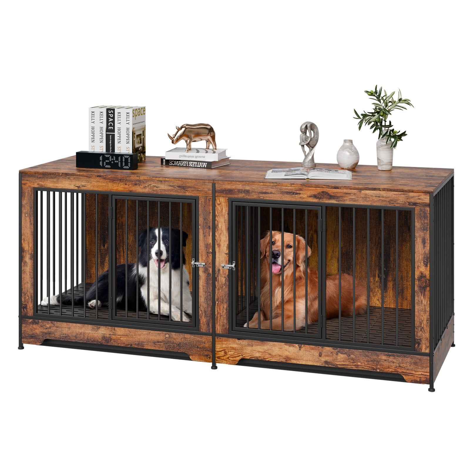 VEVOR 75" Double Dog Crate Furniture | Extra-Large Wooden Dog Kennel with Divider, Double Doors & TV Stand Design for Medium to Large Dogs  Heavy-Duty Pet Crate Table (Brown)