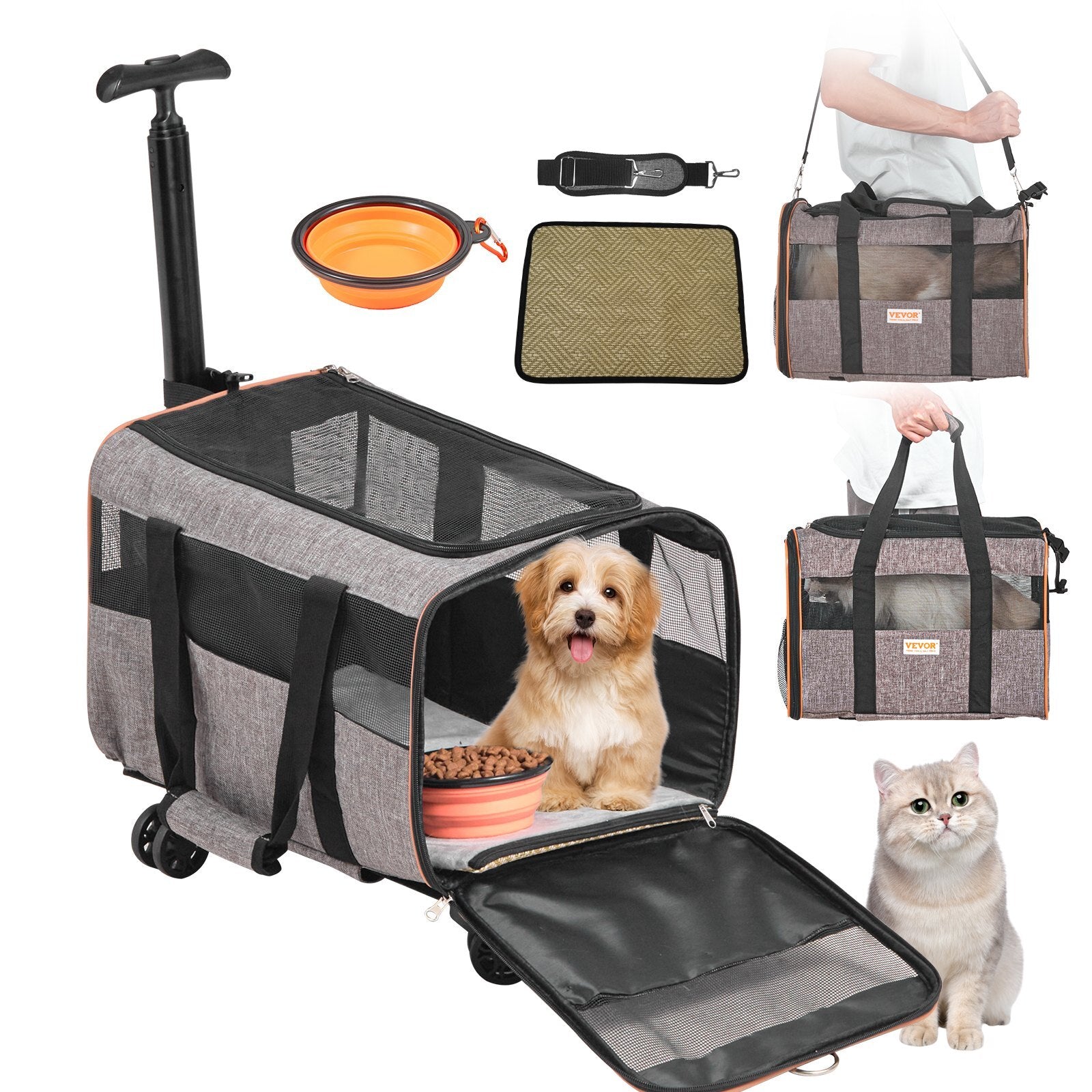 VEVOR Cat Carrier with Wheels | Airline-Approved Rolling Pet Carrier with Telescopic Handle, Shoulder Strap & Foldable Bowl  For Cats & Small Dogs up to 22 lbs (Gray)