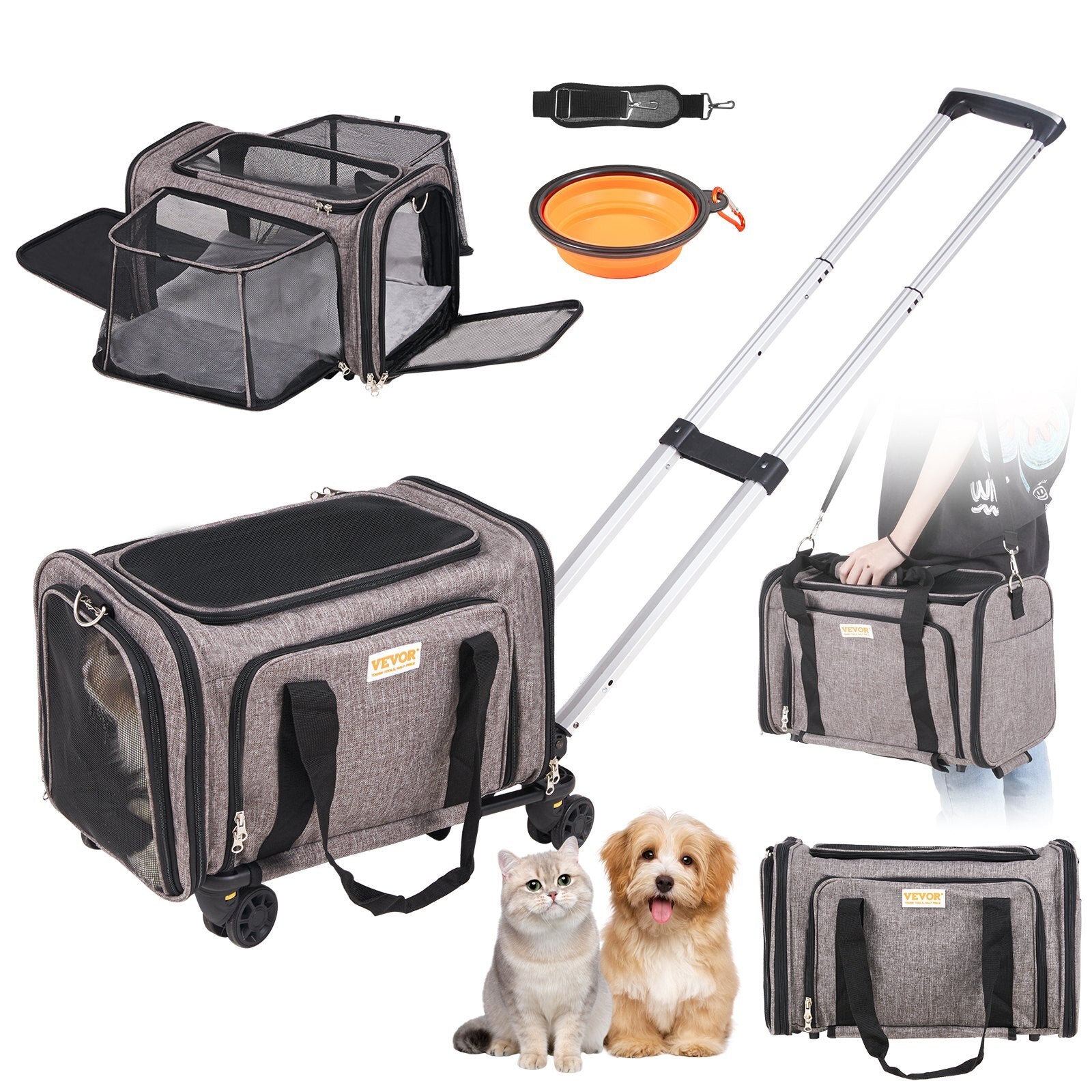 VEVOR Cat Carrier with Wheels | Airline-Approved Rolling Pet Carrier with Telescopic Handle, Shoulder Strap & Folding Bowl  For Cats & Small Dogs up to 25 lbs (Gray)
