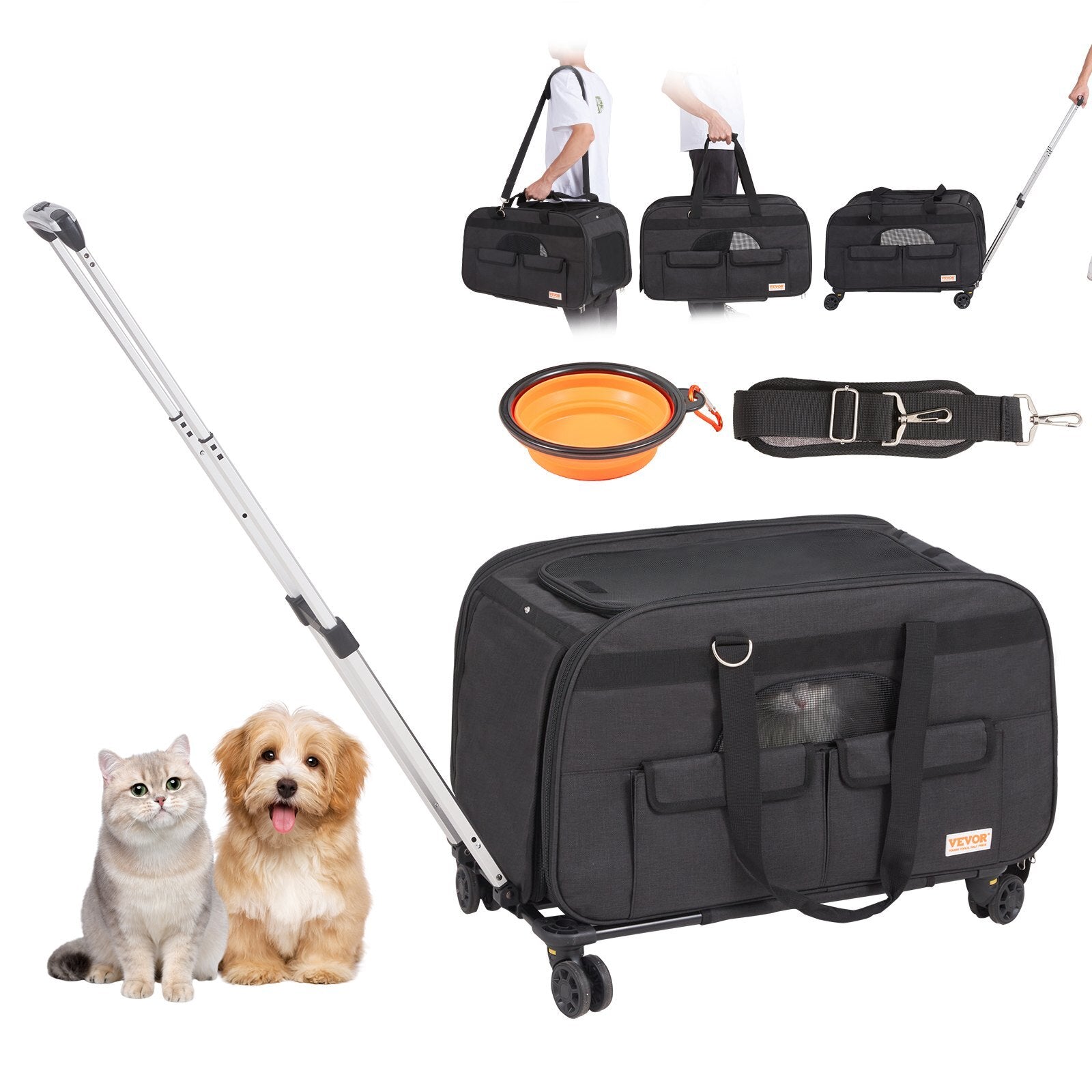 VEVOR Cat Carrier with Wheels | Rolling Pet Carrier with Telescopic Handle, Shoulder Strap & Folding Bowl  Airline-Style Travel Bag for Cats & Small Dogs up to 35 lbs (Black)