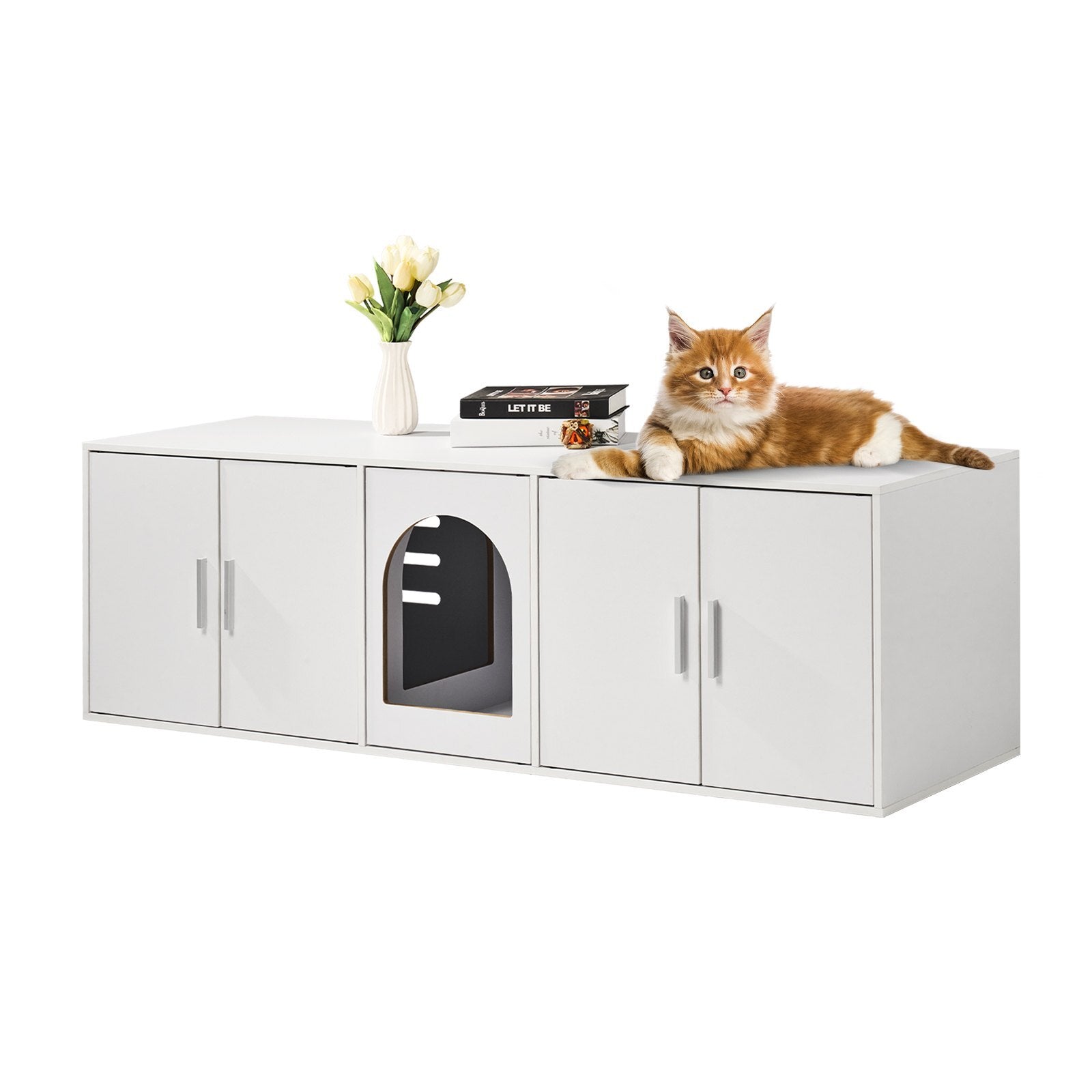 VEVOR Cat Litter Box Enclosure | Extra-Wide 57.9" Wooden Hidden Cat Litter Furniture with 5 Doors  Modern White Multi-Cat Cabinet