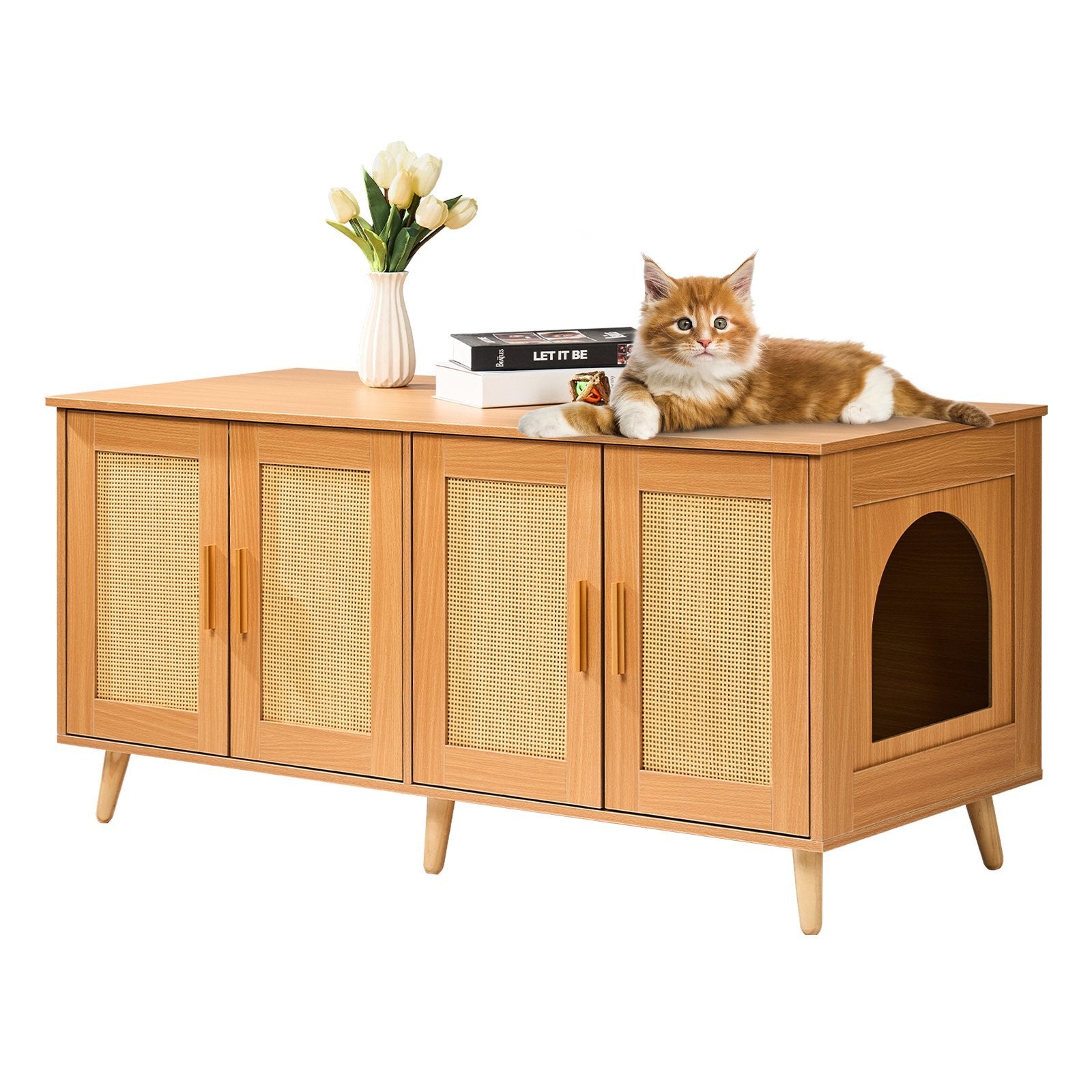 VEVOR Cat Litter Box Enclosure for 2 Cats | Dual-Room Wooden Litter Box Furniture with Rattan Doors  Hidden Cat Cabinet Fits Most Litter Boxes (Natural Finish)