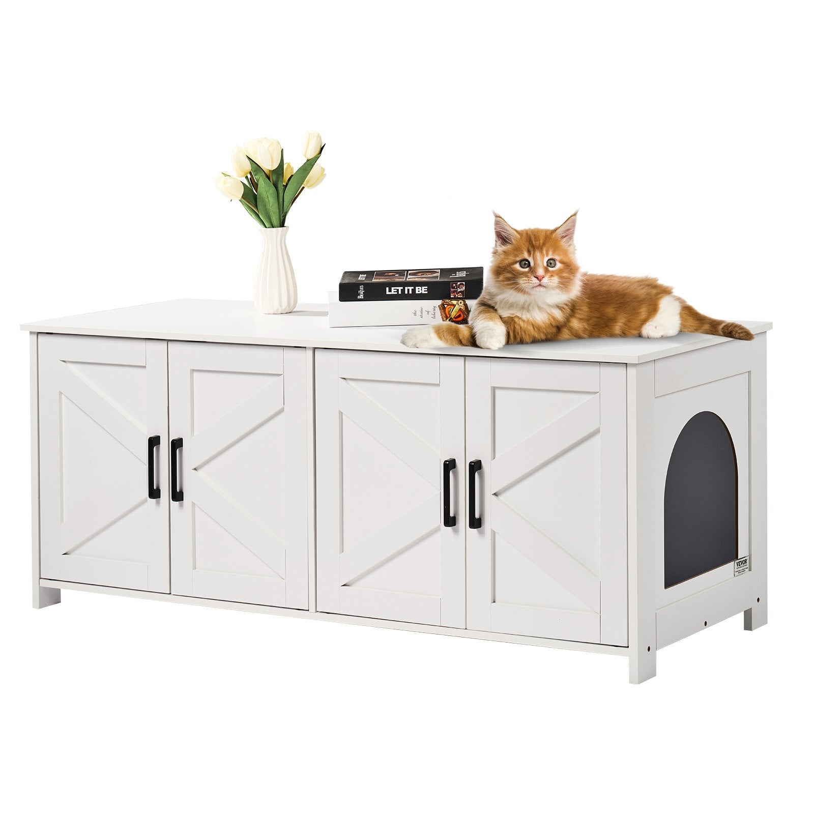 VEVOR Cat Litter Box Enclosure | Wooden Hidden Dual-Room Cat Litter Box Furniture  Stylish White Cat Cabinet for 2 Cats