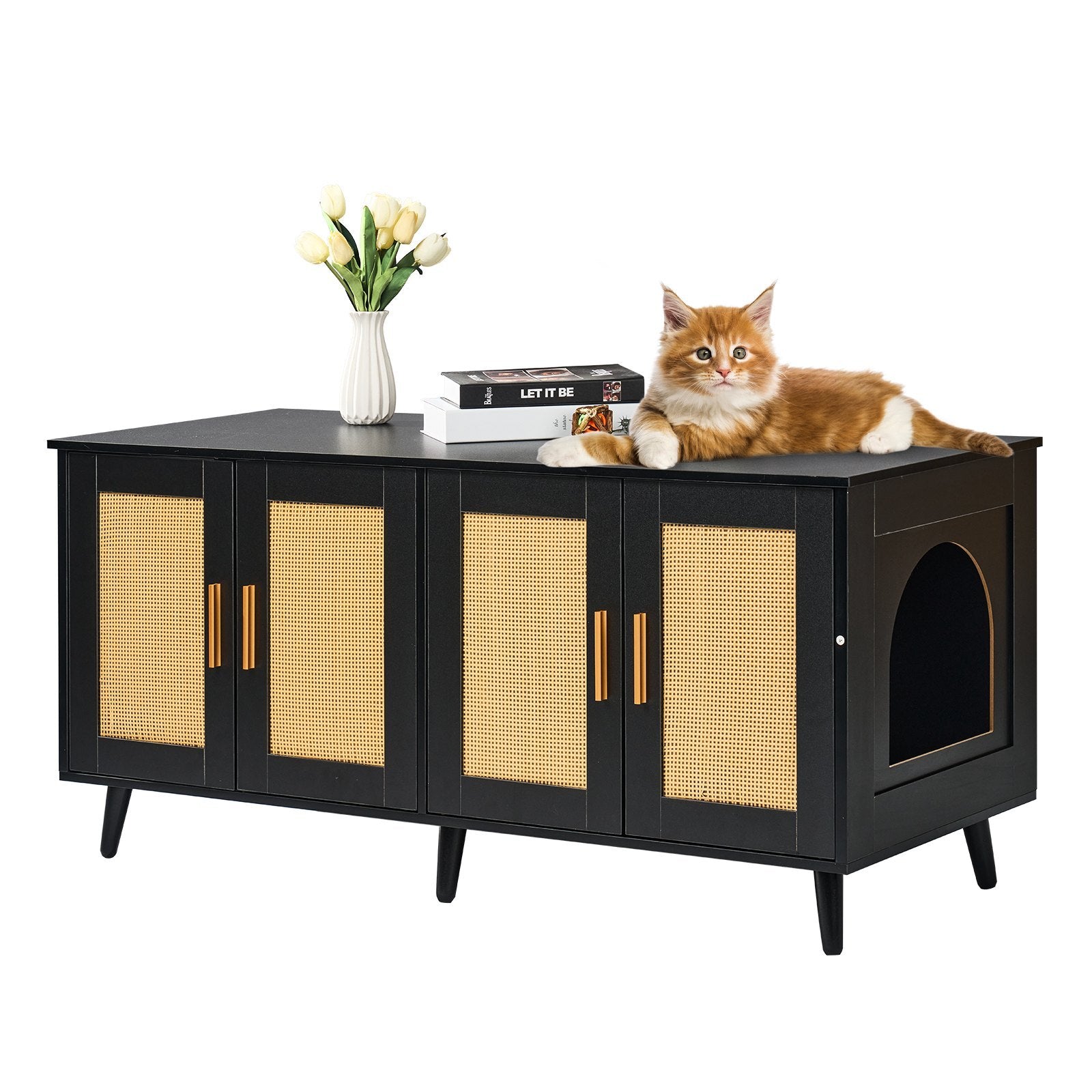 VEVOR Cat Litter Box Enclosure | Wooden Hidden Litter Box Furniture with Dual Rooms & Vent Windows  Stylish Multi-Use Cat House Cabinet (Black)