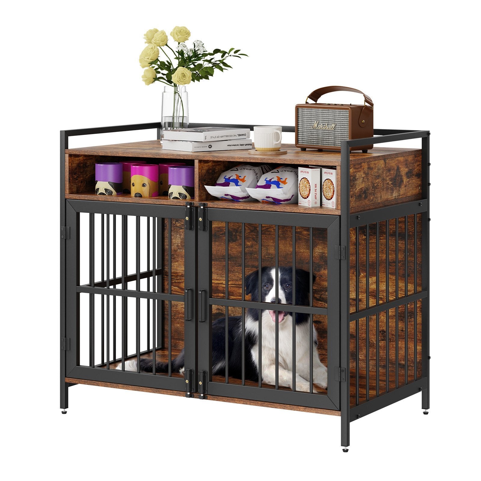 VEVOR Furniture-Style Dog Crate with Storage | 41 Wooden Dog Crate for Large & Medium Breeds  Double Doors, Rustic Brown Indoor Dog Kennel Table with 300 lb Top Load Capacity