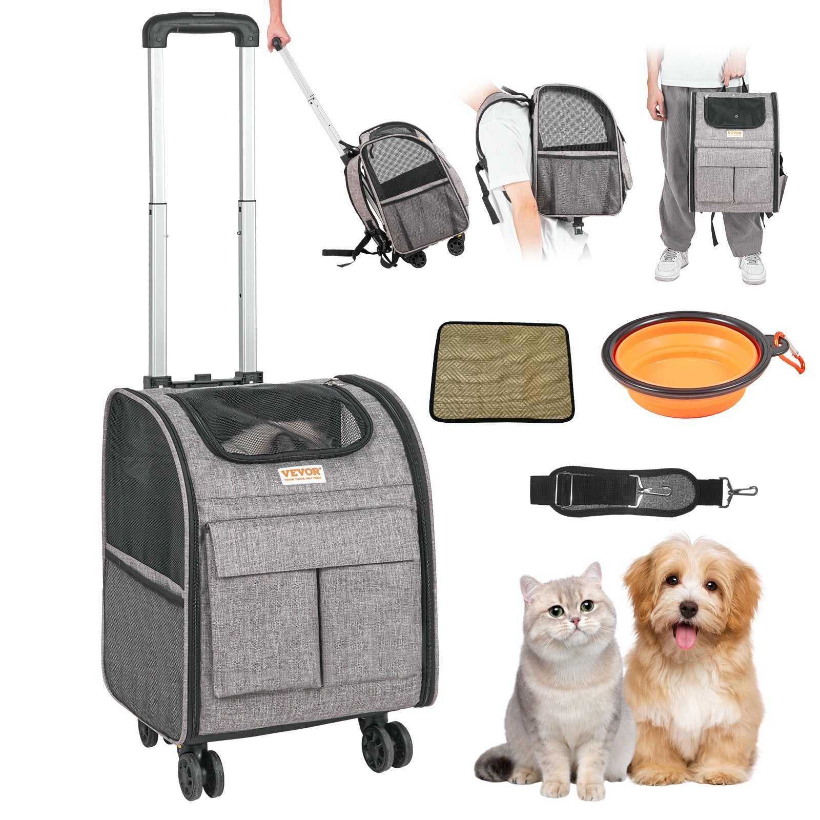 VEVOR Rolling Pet Carrier Backpack | Airline-Approved Travel Bag with Removable Wheels & Telescopic Handle  For Small Dogs & Cats up to 18 lbs (Gray)