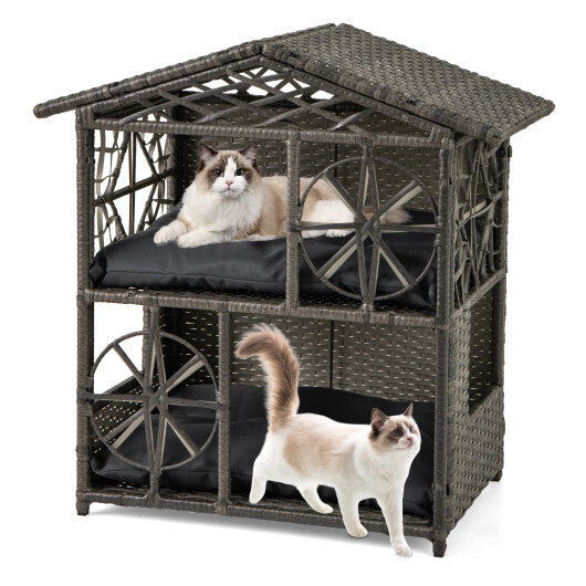 2-storey Wicker Cat House Rattan Kitten Condo Enclosure with Removable Cushions-Gray - Color: Gray