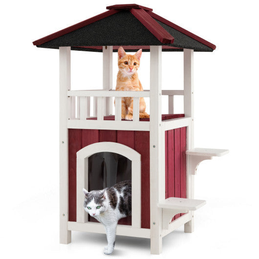 2-Story Wooden Cat House with Asphalt Roof Balcony and Rain Curtain-Red & White - Color: Red & White