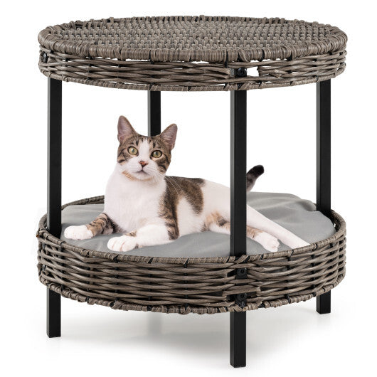 2-tier Rattan Cat Nest with Removable Padded Cushion-Gray - Color: Gray