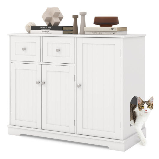 Cat Litter Box Enclosure with 2 Drawers and 3 Doors for Kittens and Adult Cats-White - Color: White