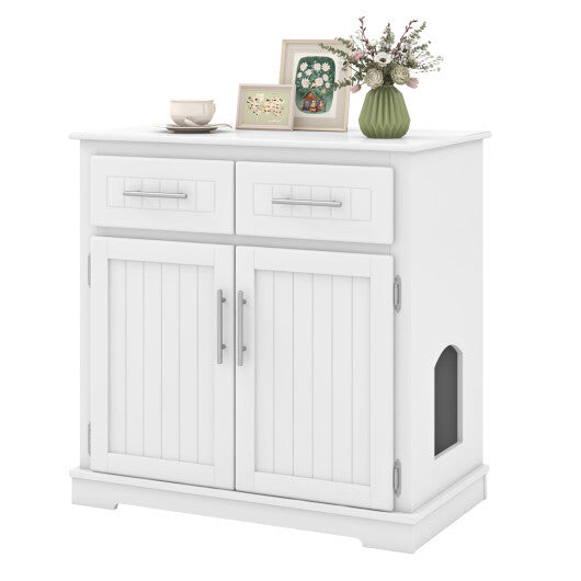 Cat Litter Box Enclosure with 2 Drawers and Double Doors-White - Color: White