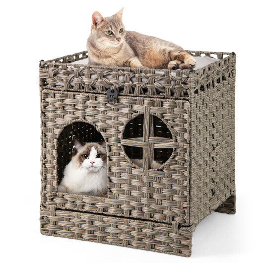 Foldable 2-tier Rattan Cat Litter Box Enclosure with Litter Mat-Grey - Color: Gray