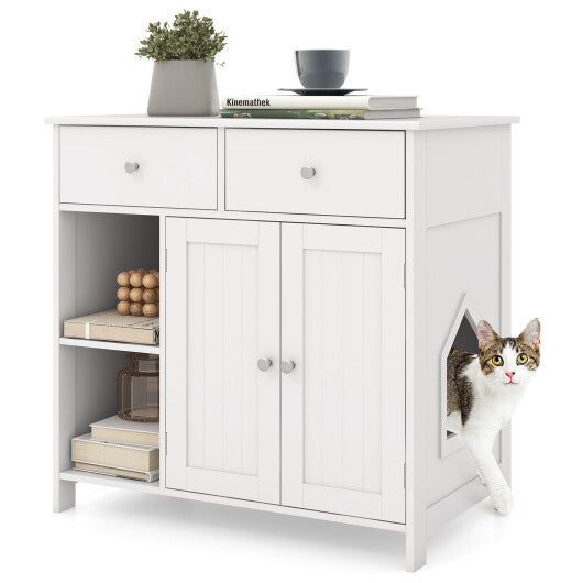 Hidden Cat Washroom Side Cabinet Wooden Pet House with 2 Drawers-White - Color: White