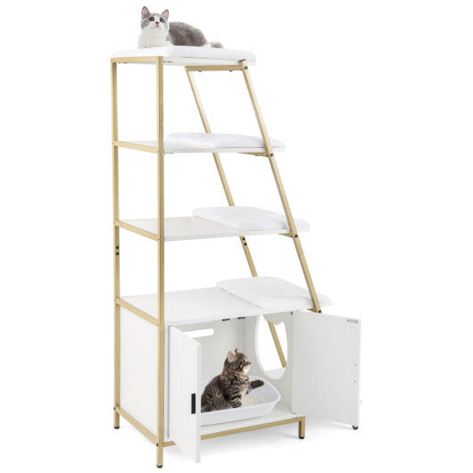 Large Cat Litter Box Enclosure with Storage and Ladder Shelf-White - Color: White