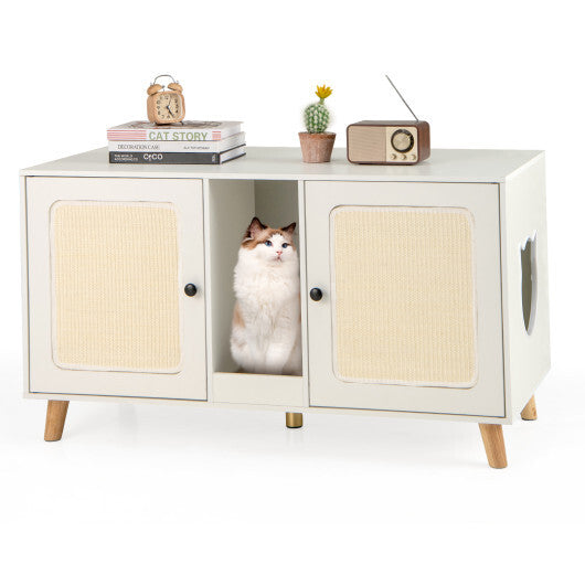 WhiskerHaven Dual Retreat Cat Litter Box Enclosure with Double Rooms & Sisal Scratch Mats  Elegant White Design