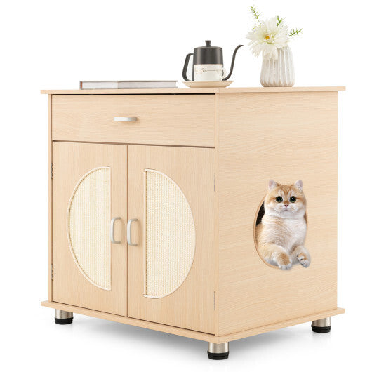 WhiskerNook Natural Cat Litter Box Enclosure with Sisal Scratching Doors & Storage  Modern Multifunctional Design