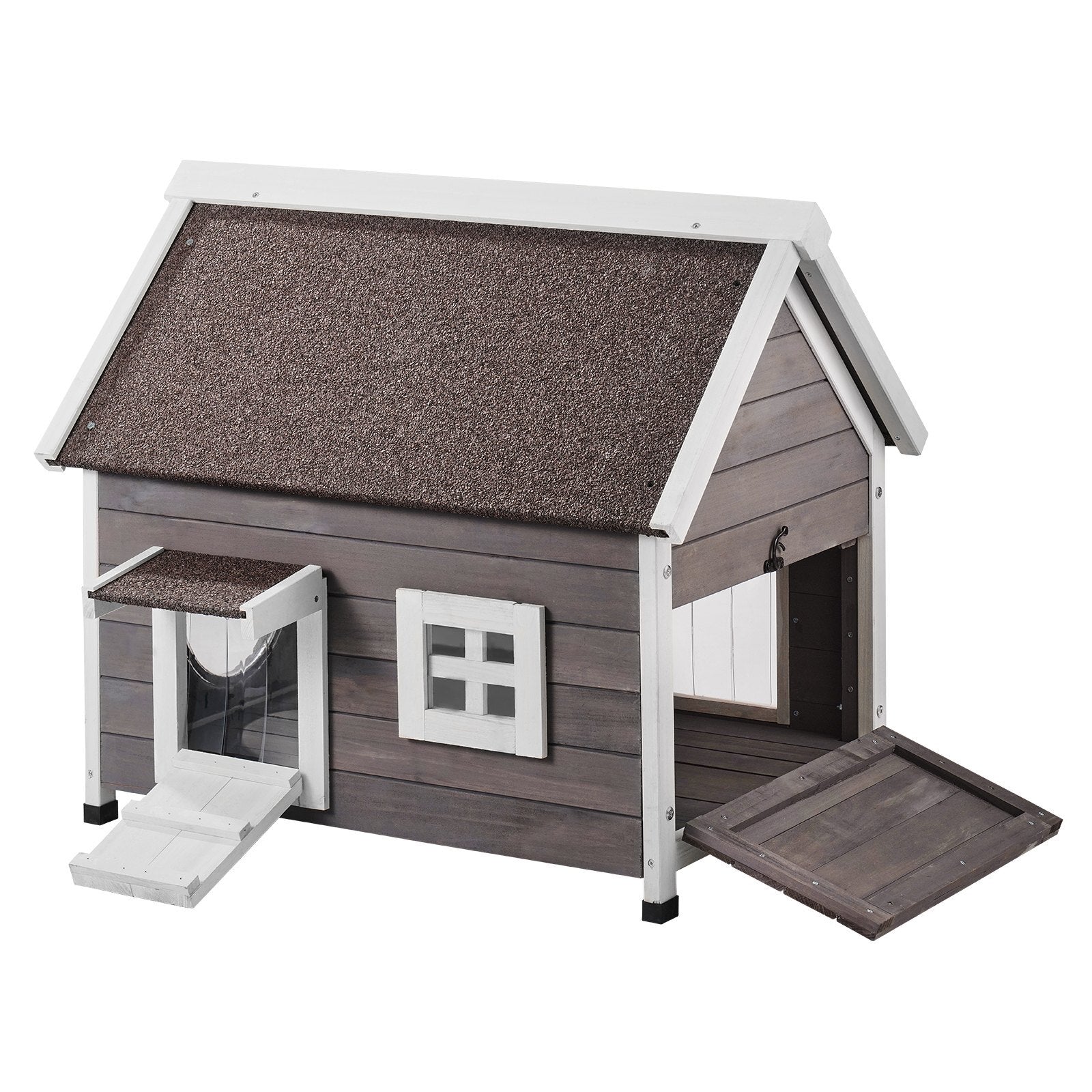 GlamourHaven Cedar Outdoor Cat House  Weatherproof Wooden Shelter with Clear Window & PVC Flap Door (22"L x 30"W x 26"H)