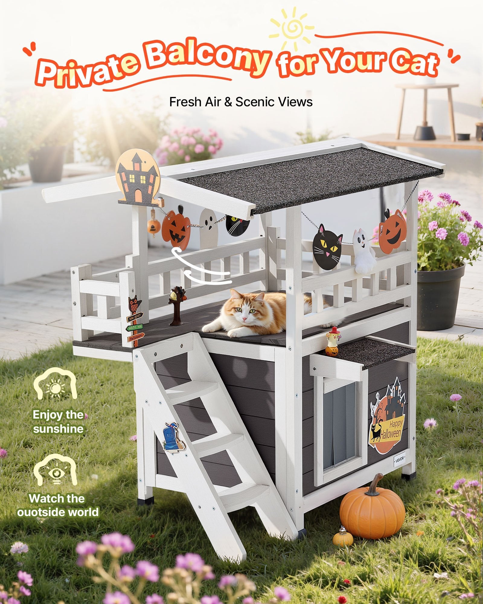 GlamourLoft Outdoor Cat House  2-Story Wooden Shelter with Balcony, Stairs & Weatherproof Comfort (30" x 22" x 30")