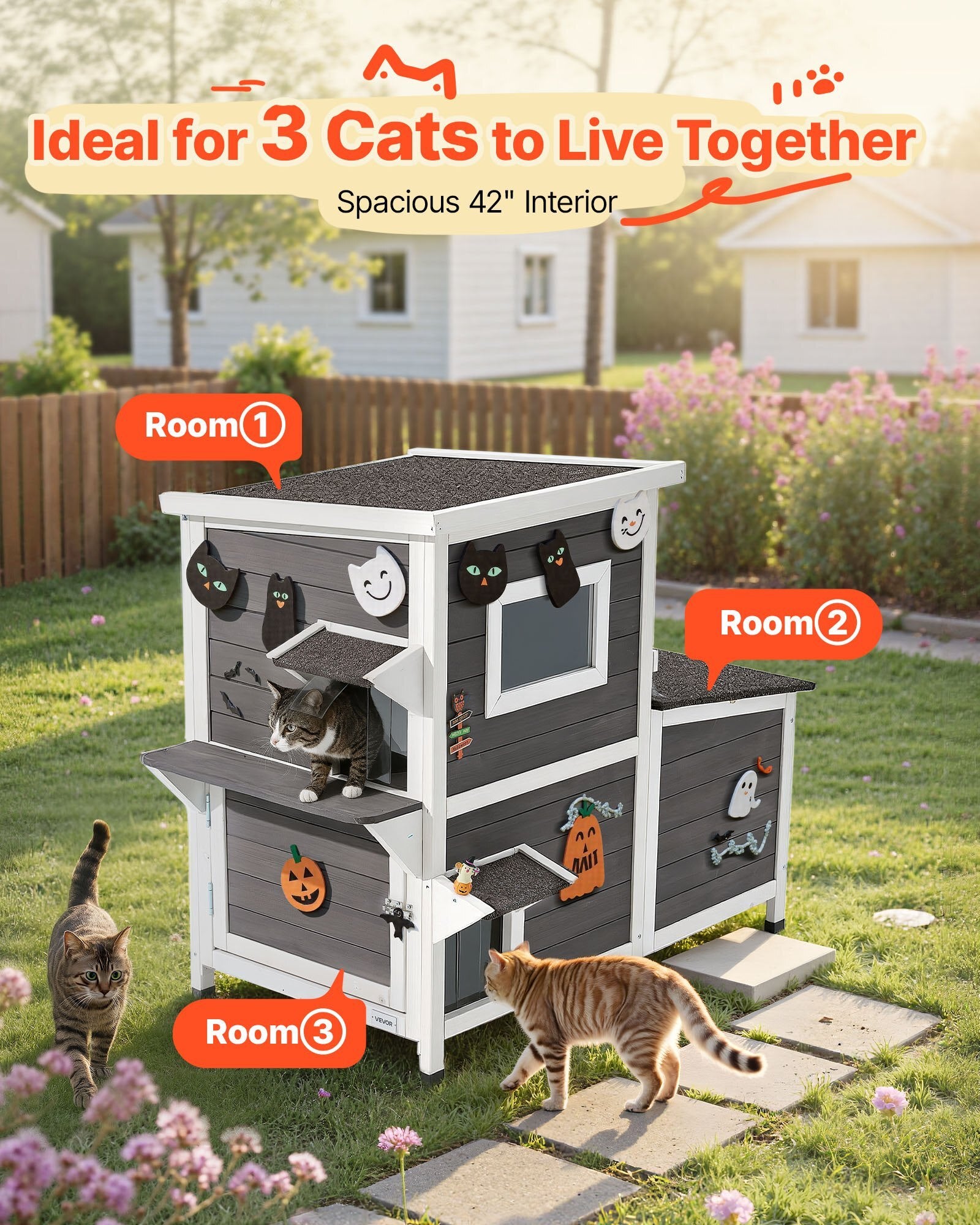 GlamourVilla Outdoor Cat House  2-Story Garden Retreat for 3 Cats