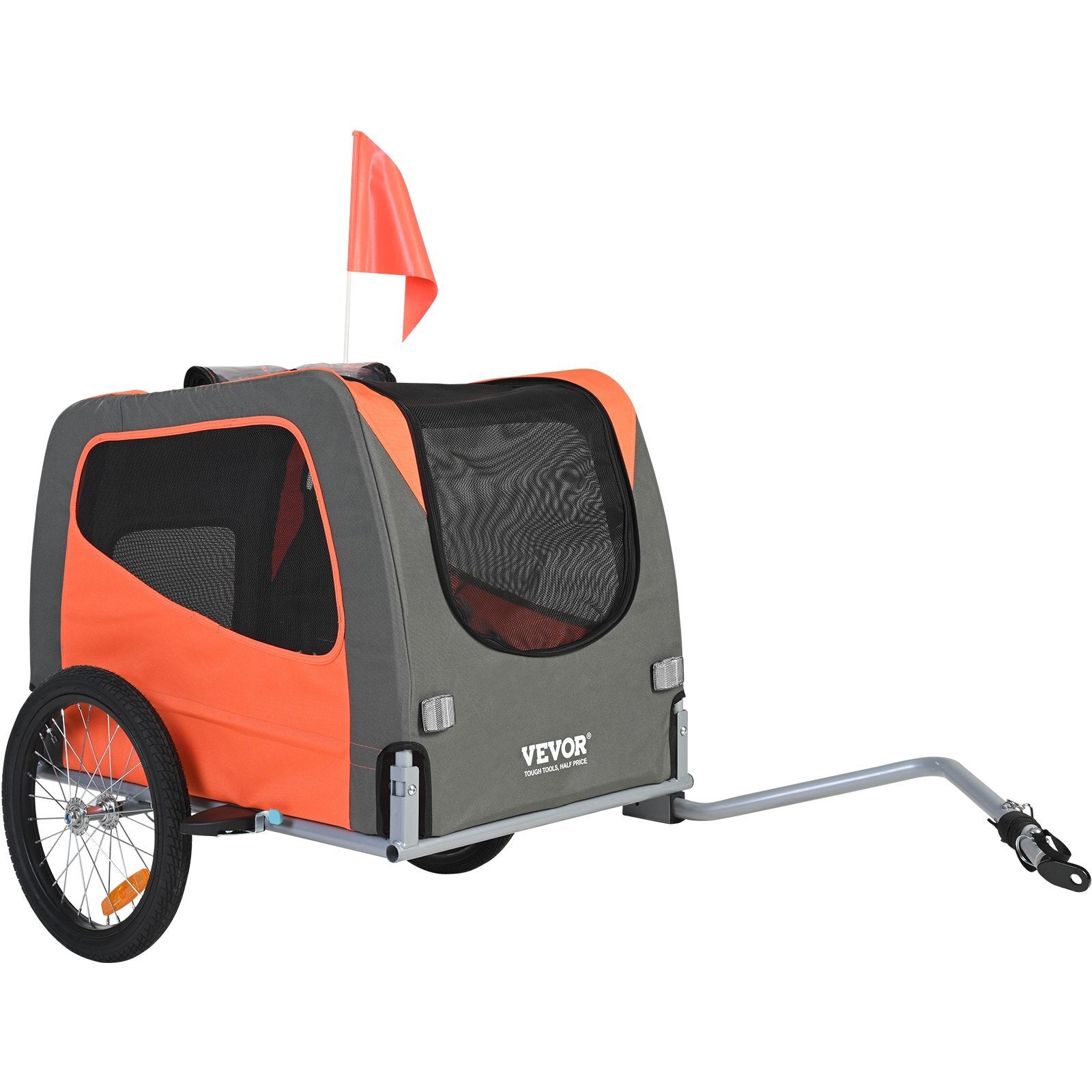 VEVOR Dog Bike Trailer | 66 lbs Capacity Pet Bicycle Carrier with Foldable Frame, Quick-Release Wheels, Universal Coupler & Safety Flag  Orange/Gray