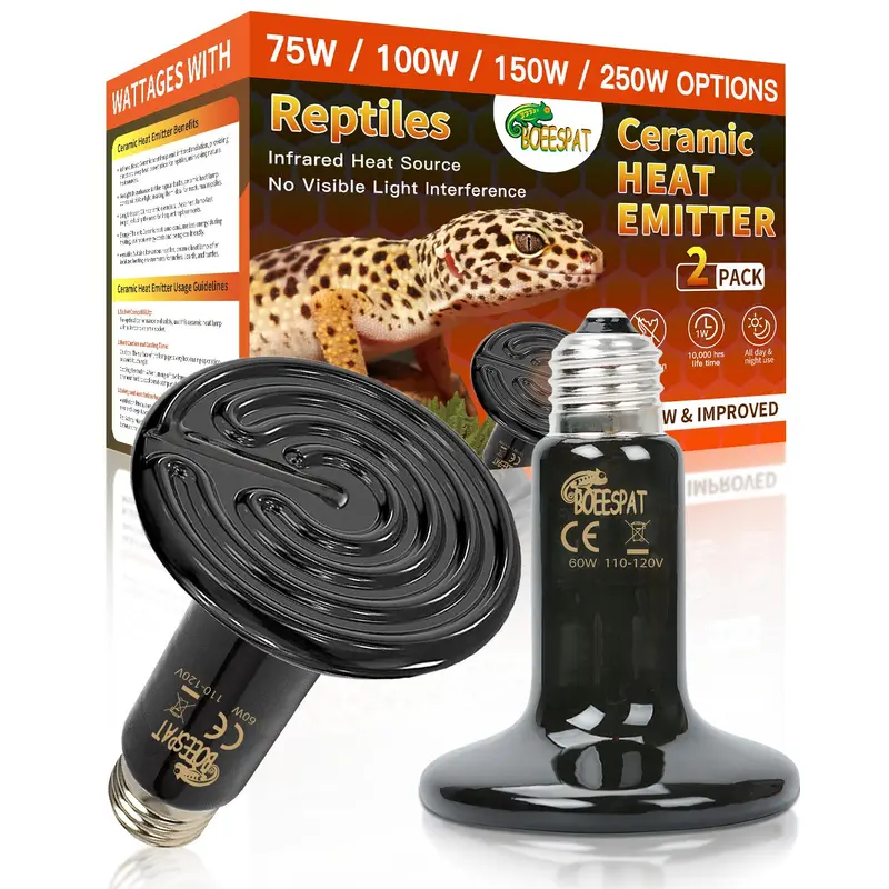 Boeespat Energy Efficient 60W Reptile Basking Heat Lamp Bulbs, Pack Of 2 Ceramic Heat Emitters For Tortoise, Bearded Dragon, Liz
