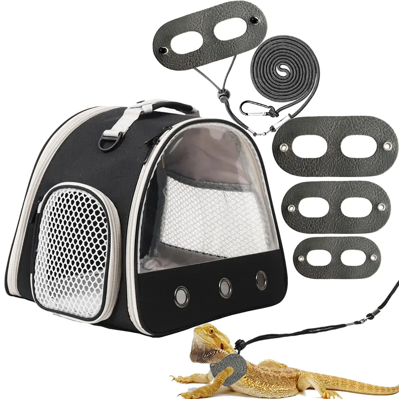 Leopard Gecko Portable Carrier With Leather Harness And Leash Set,Small Animal Travel Cage With Transparent Window,Lizard Carrie