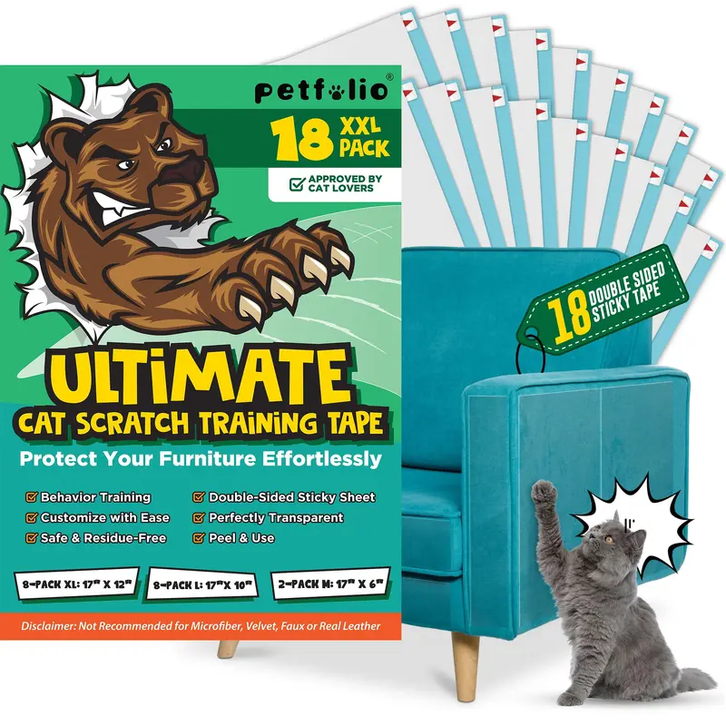 18 Pack Anti Cat Scratch Deterrent For Furniture - Transparent Clear Double Sided Anti Scratch Cat Tape For Furniture. Effective