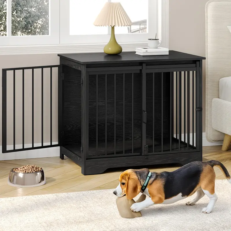 Hzuaneri 31.9 Dog Crate Furniture with Barn Door, Heavy Duty Dog Kennel Indoor with 2 Doors, Wooden Pet Cage End Table for Small
