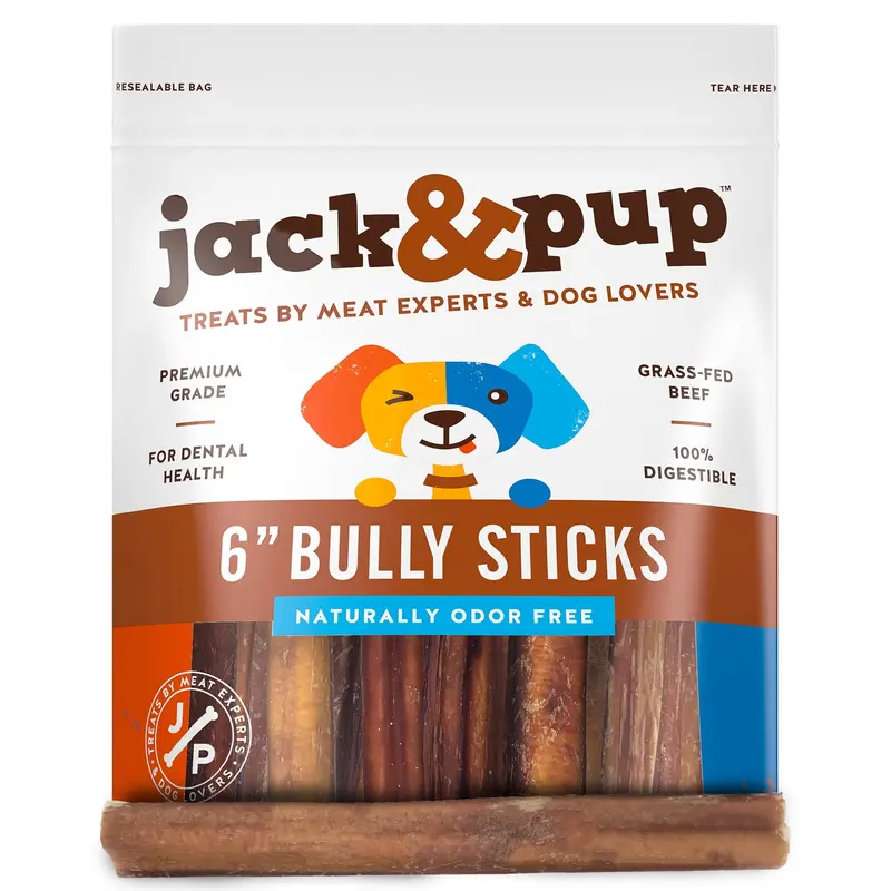 Jack&Pup 6 Inch Bully Sticks for Medium Dogs  Thick Odor Free Bully Sticks Long Lasting  All Natural, 100% Beef Pizzle Sticks (T