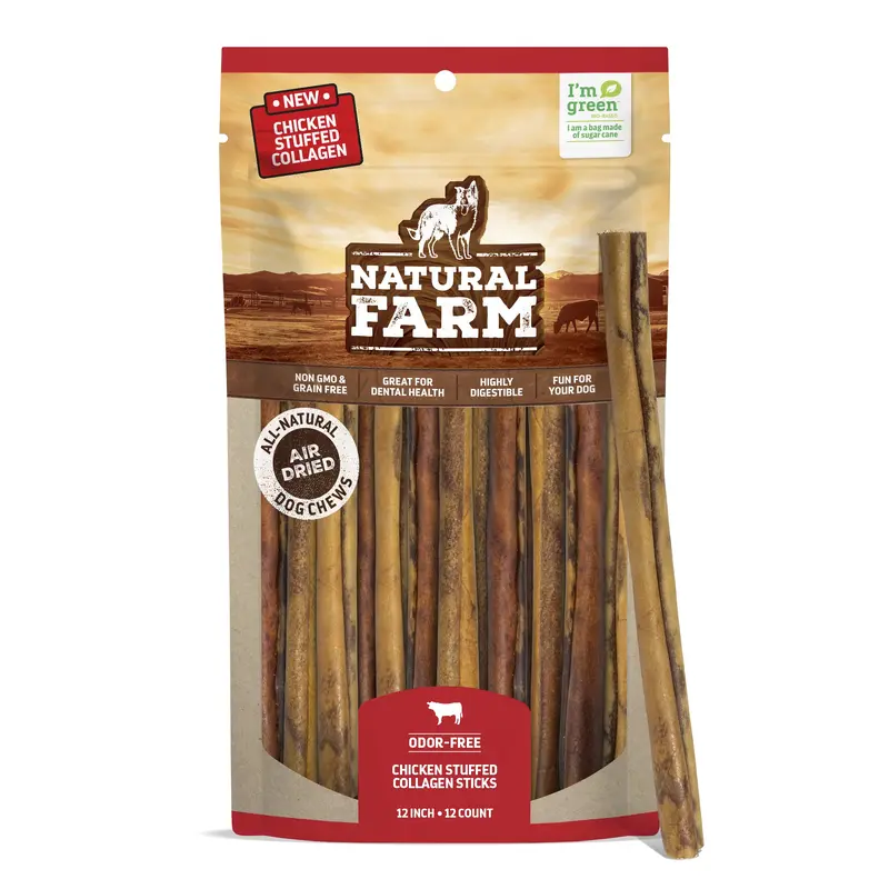 Natural Farm Chicken Stuffed Collagen Chews for Dogs (12 Inch, 12 Pack), Rawhide-Free Collagen Sticks, Odor-Free Natural Dog Che
