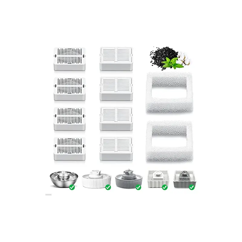 VinDox Pet Fountain Replacement Filters, 8 Cat Fountain Carbon Filters and 2 Foam Pre-Filters for Cupcake Ceramic Pet Fountain P